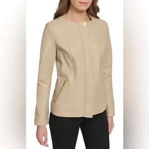 NWT Cole Haan Collarless Leather Lambskin Moto Jacket In Cream Sz Large